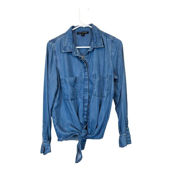 Boston Proper Blouse Shirt Top Blue Chambray Tie Front Casual Small Soft Comfy - Picture 3 of 6